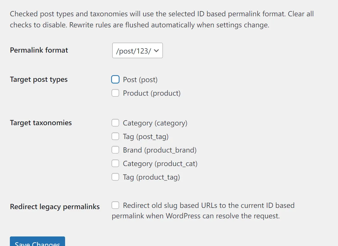 Slug-Free Permalinksの設定画面。URL形式、対象の投稿タイプ、対象のタクソノミー、旧slug URLからのリダイレクト設定を選べる
