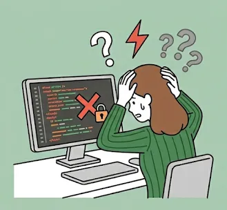 ソースコードやサーバー設定の山を前にして、どこから手をつければいいか途方に暮れている様子を描いたイラスト