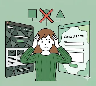サイトの洗練されたデザインと、無機質なデフォルトのGoogleフォームが並んで浮いてしまっている様子を示すイラスト